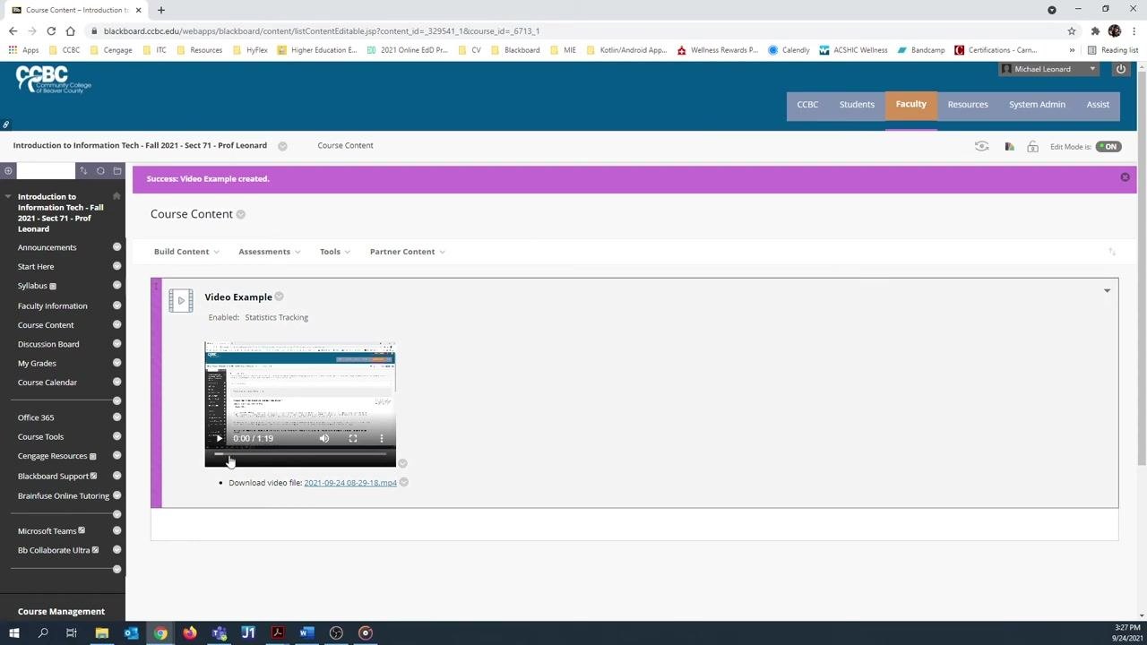 Course Content area displaying the newly embedded video titled "Video Example" with playback controls