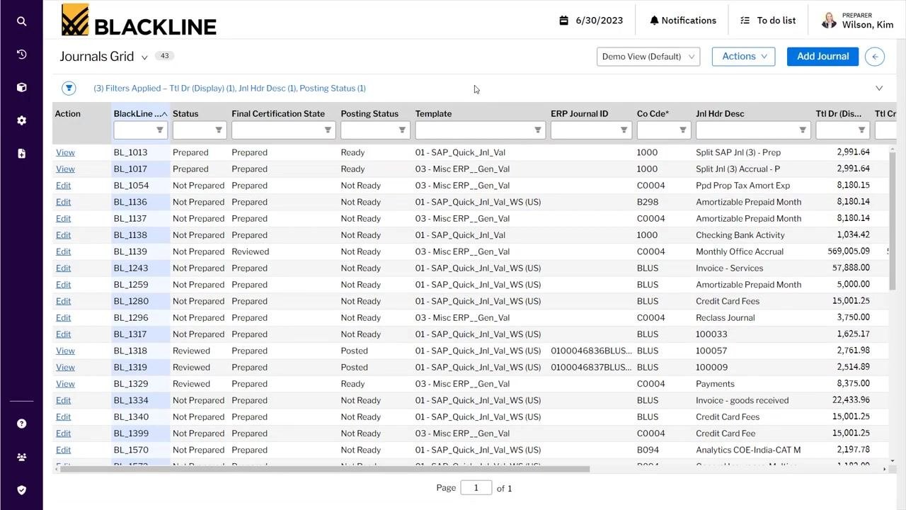 Journals Grid screen showing a list of journal entries with columns for status, template, ERP Journal ID, and more, with the Add Journal button visible in the top right.