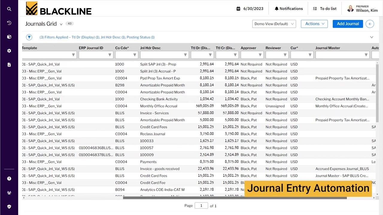 Journals Grid highlighting integration and automation, with a "Journal Entry Automation" banner and entries showing templates and descriptions.