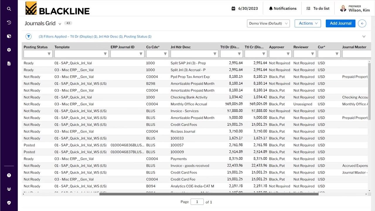 Journal entry detail screen showing line items and reconciliation data, including property tax entries and amounts.