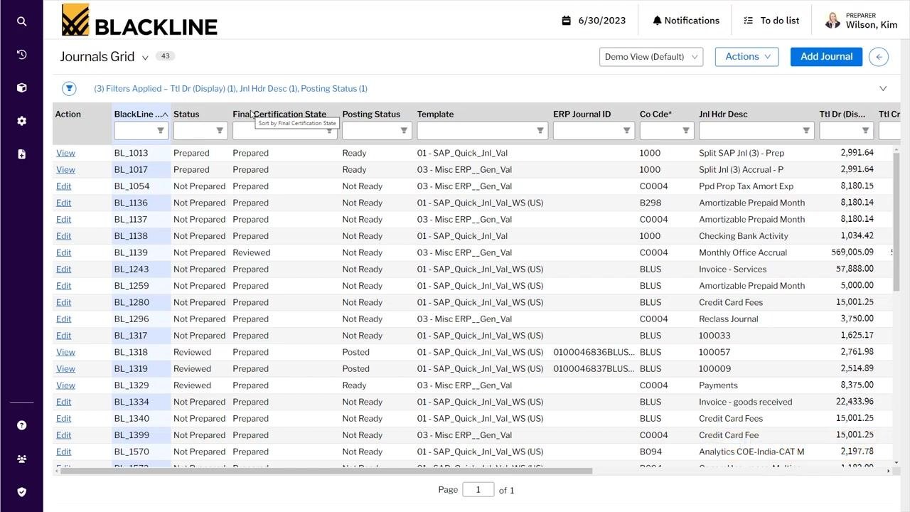 Dashboard with a drill-down table showing detailed journal certification status, including Journal ID, Certification Status, Template, Preparer, Approver, and Reviewer.
