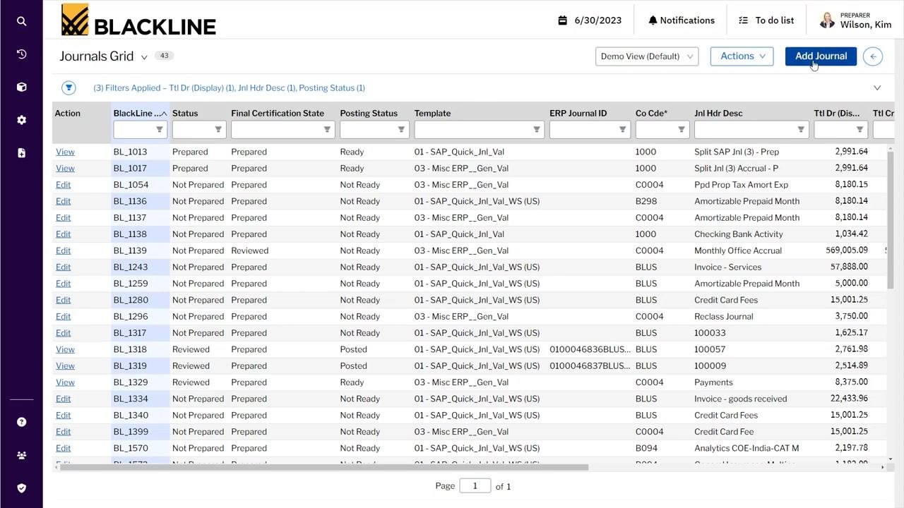 Cursor hovering over the Add Journal button in the Journals Grid interface.
