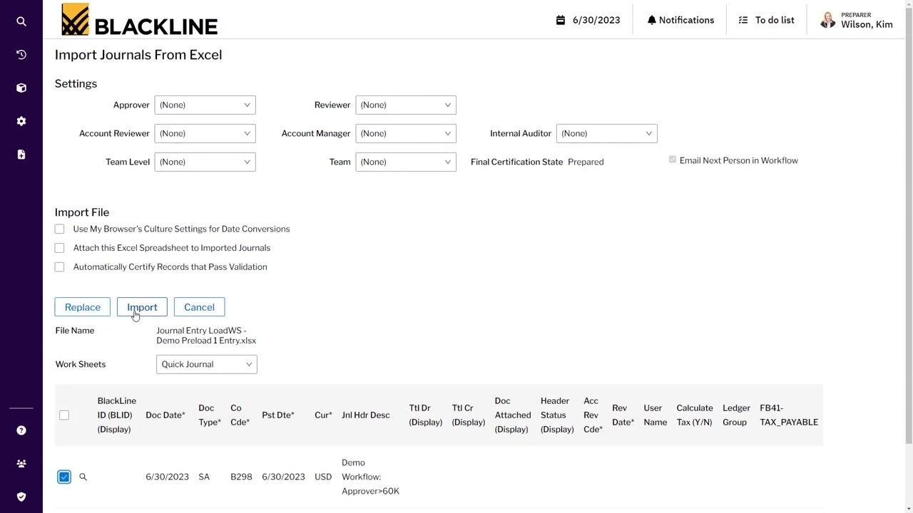 Journal entry header and line item details showing validation requirements and workflow status.