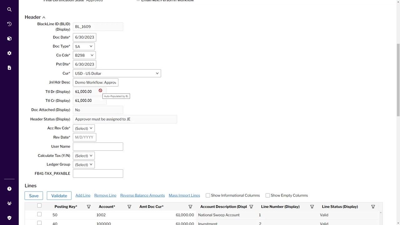 Journal entry header showing advanced criteria fields, including dollar value, company code, and a status message requiring an approver assignment.