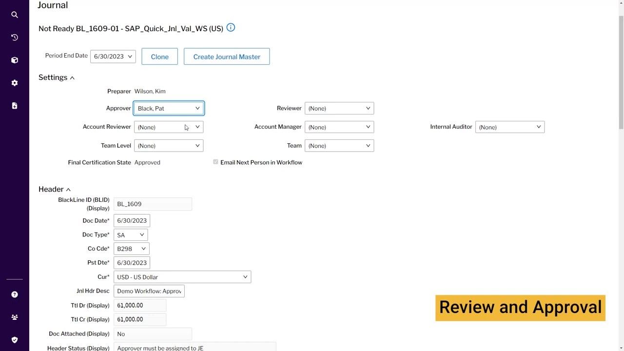 Journal entry settings screen with workflow roles assigned, certification state set to Approved, and email notification option selected.