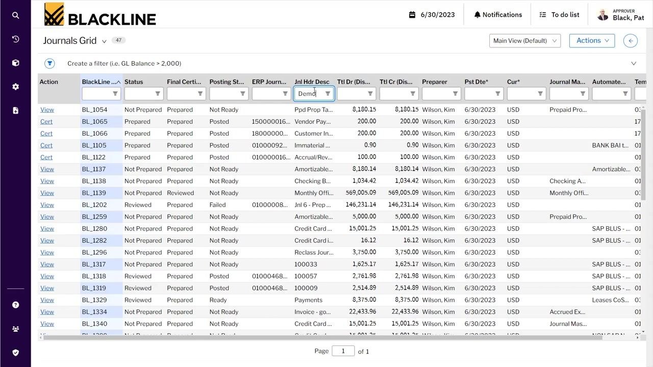 Journals Grid with a filter applied to the Journal Header Description column to locate the relevant entry.