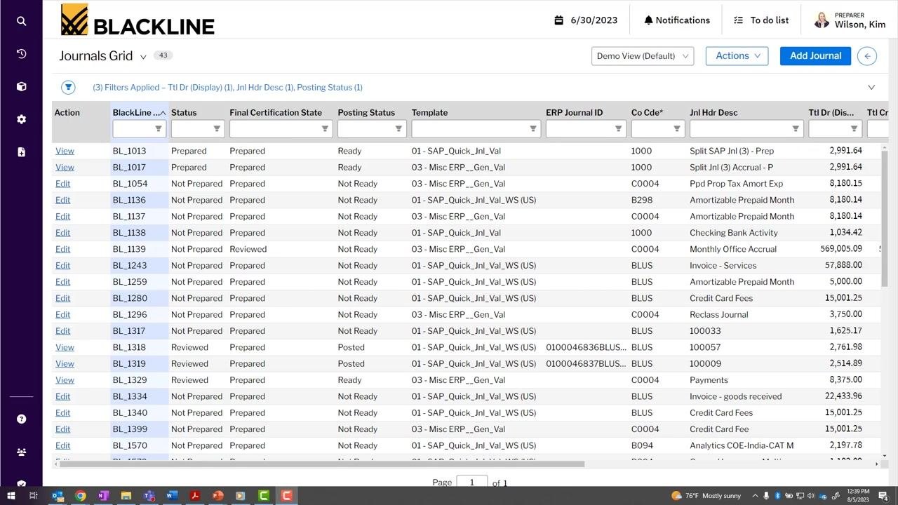 Journals Grid showing a posted journal entry with ERP Journal ID populated, status columns, and entry details.