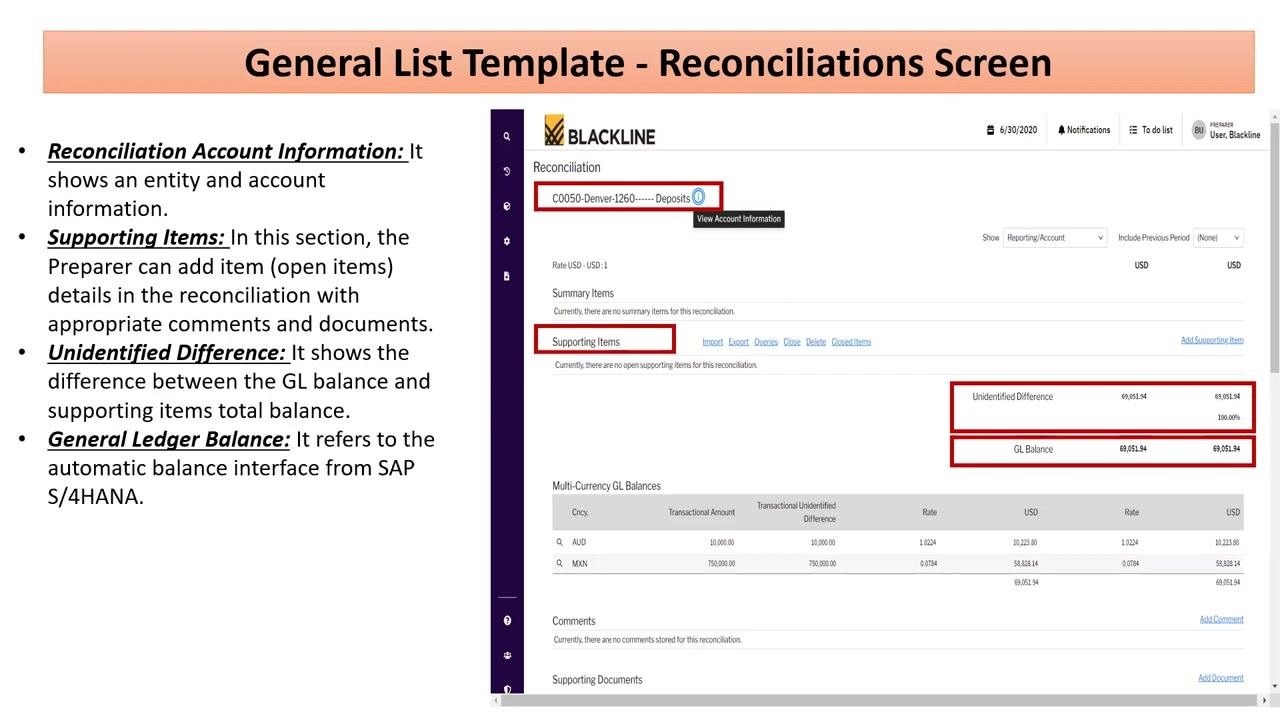 Reconciliation screen highlighting the GL Balance section
