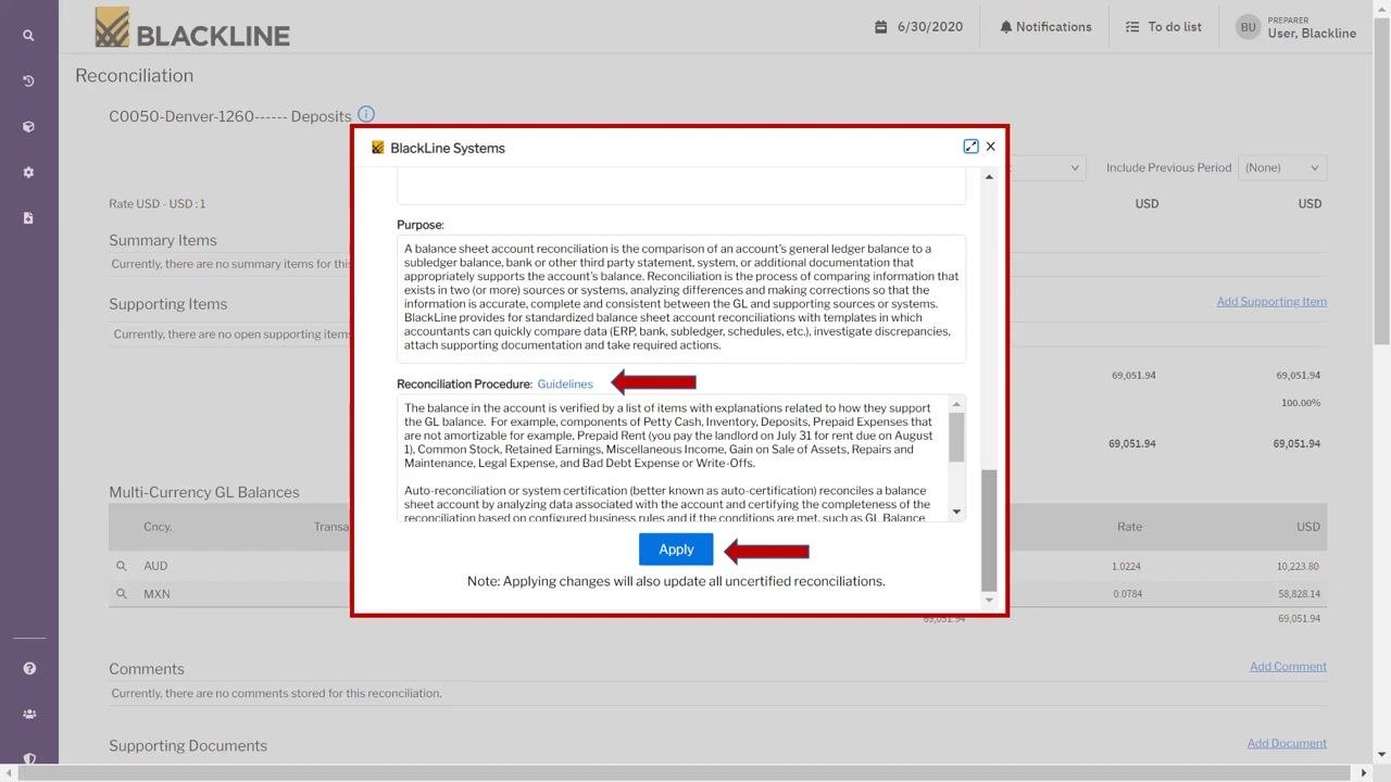 Reconciliation screen with the Add Supporting Item hyperlink highlighted