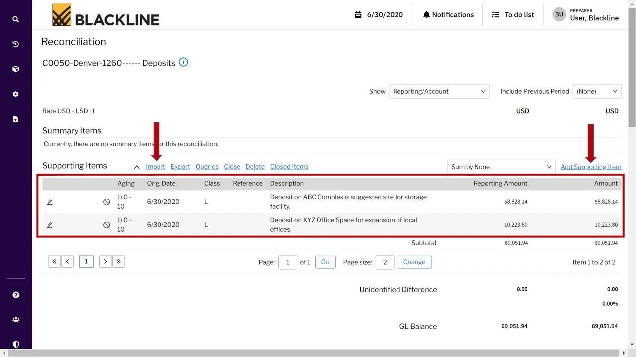 Reconciliation screen showing Supporting Items, Import, and Add Supporting Item options