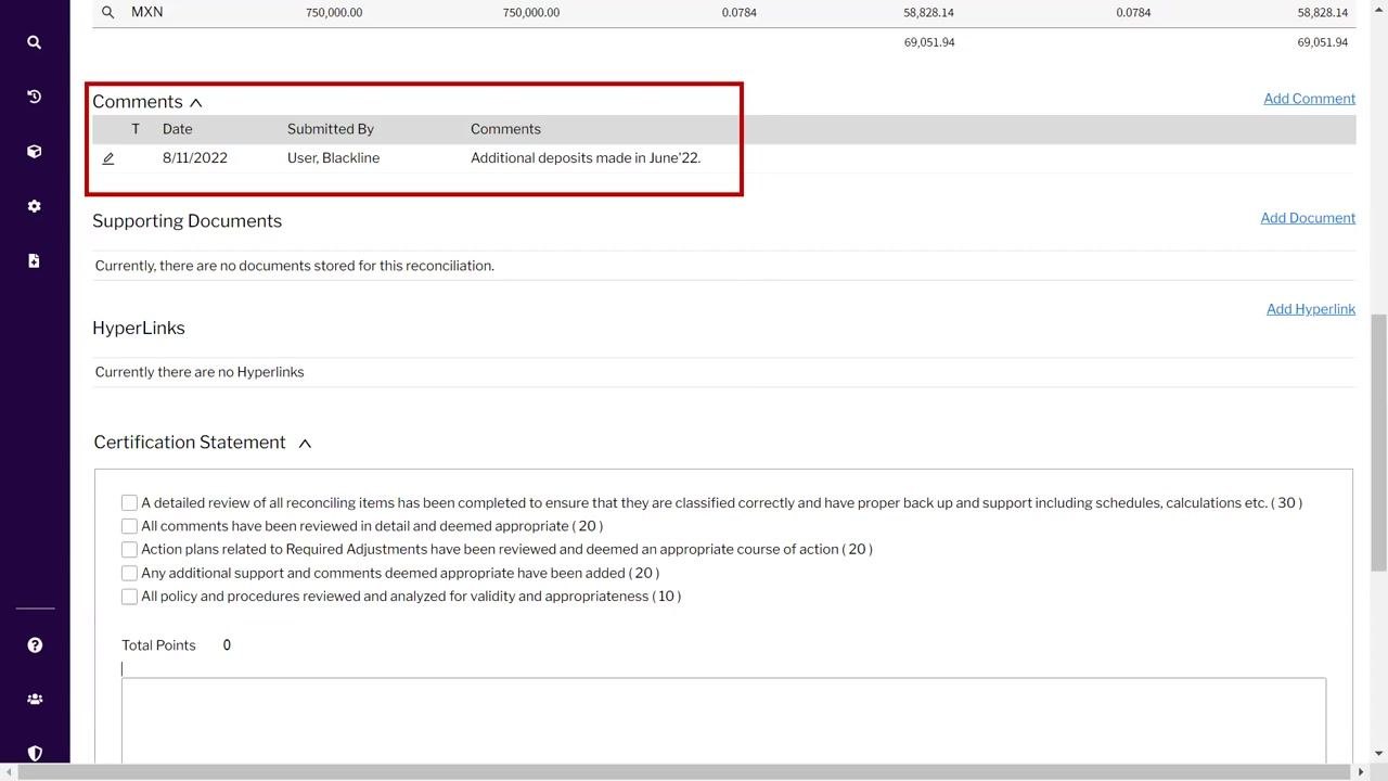 Comments entry window with an example comment and Save button