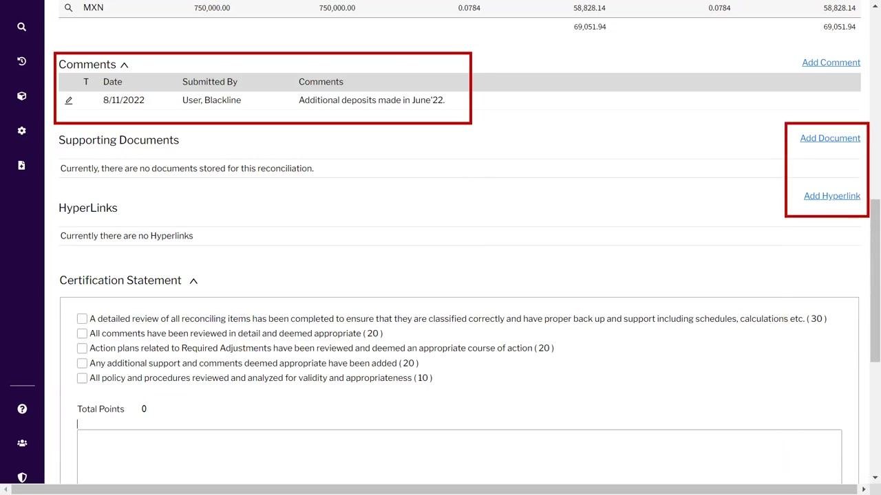 Add Document and Add Hyperlink options highlighted on the reconciliation screen