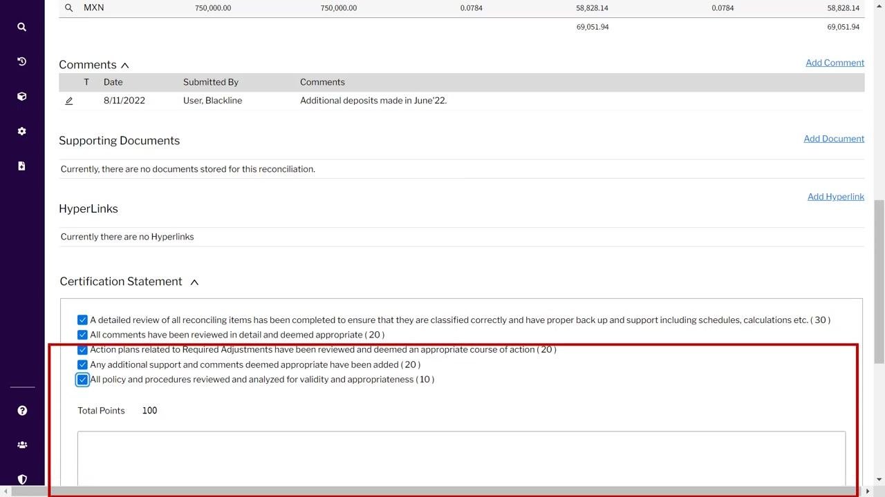 Certification Statement section with all checkboxes selected and total points at 100