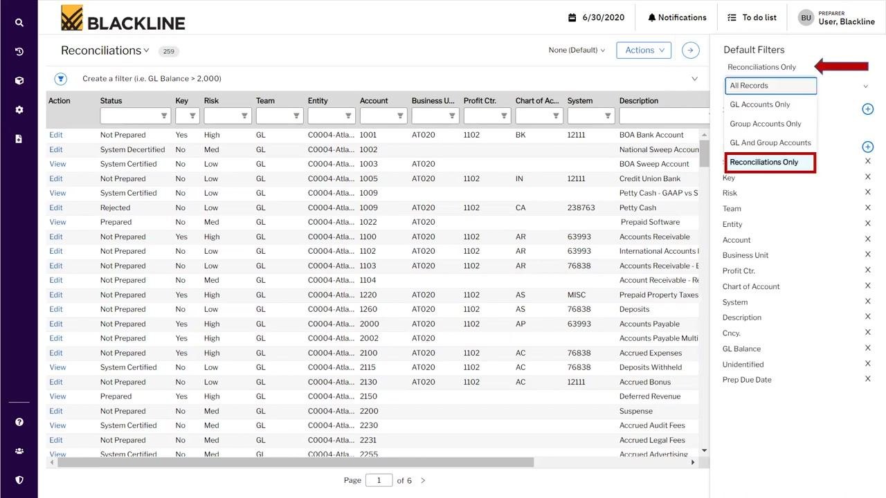 Default Filters panel open with "Reconciliations Only" selected