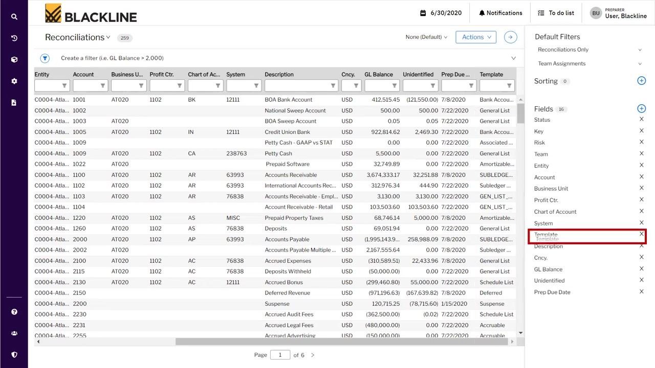 Reconciliation grid with the Template column being repositioned for better visibility