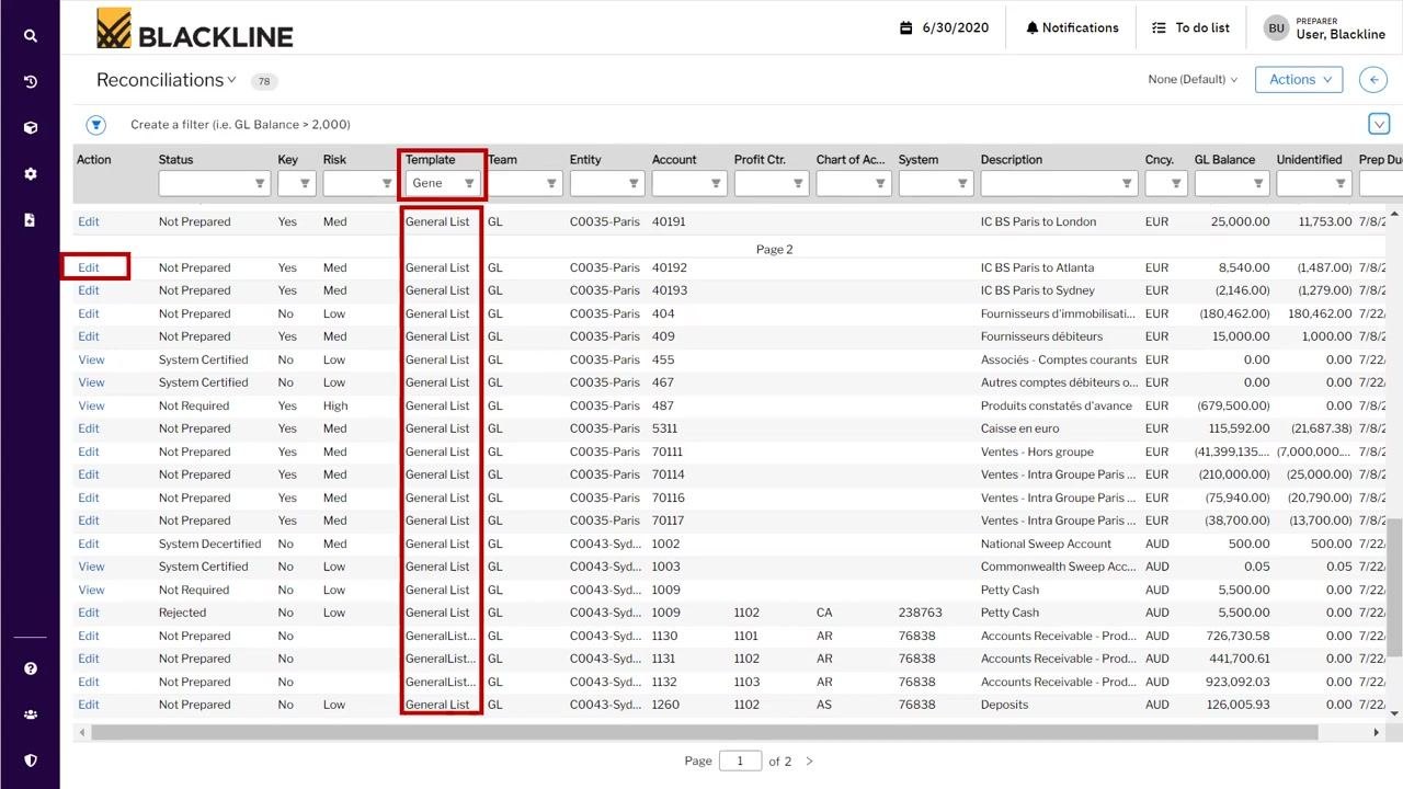 Clicking "Edit" to open the reconciliation screen for a filtered account