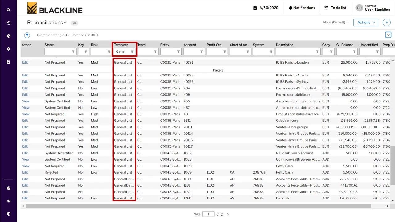 General List Template reconciliation screen showing account details