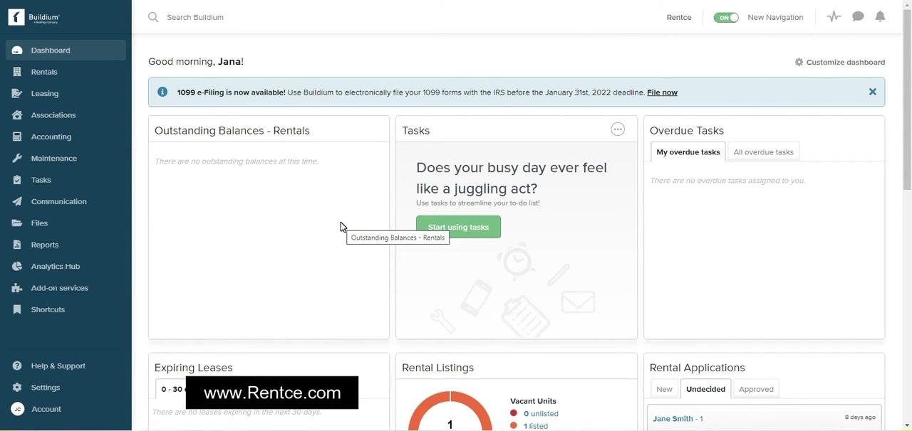 Buildium dashboard with navigation menu, panels for balances, tasks, leases, listings, and applications. The user is greeted with "Good morning, Jana!"