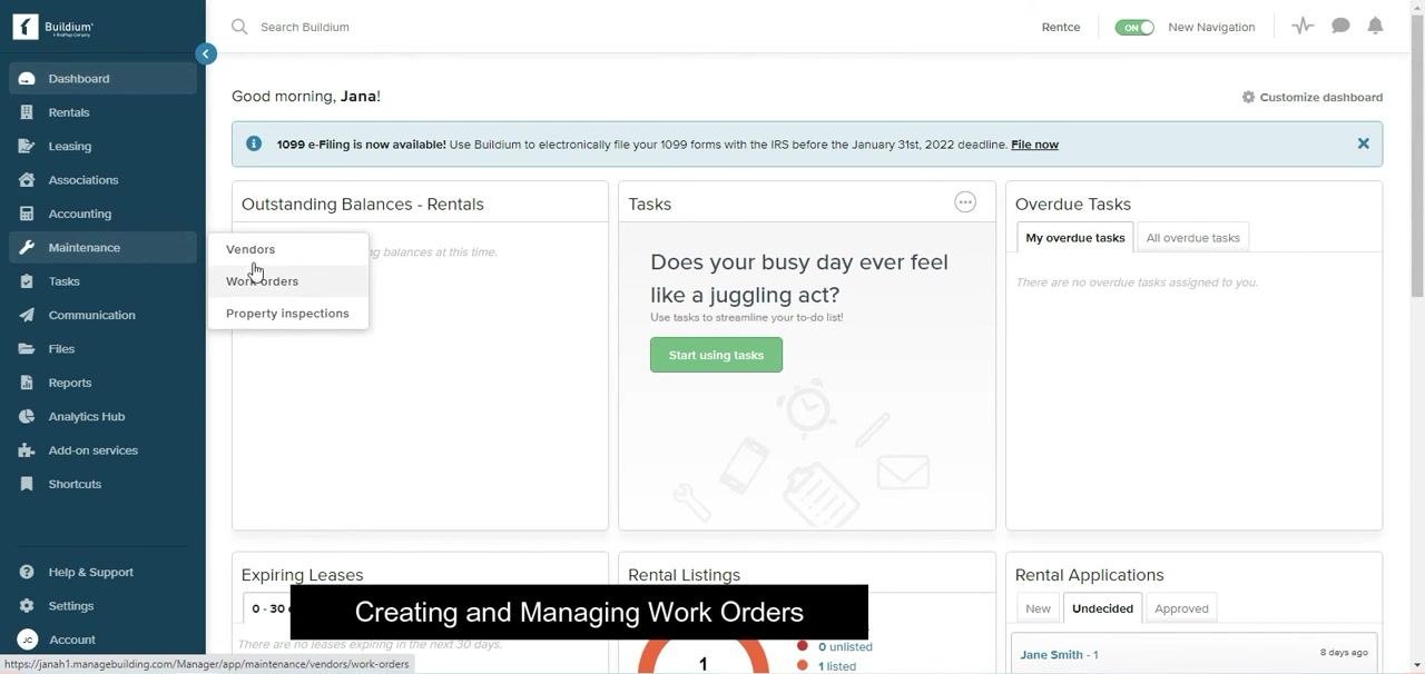 Dashboard screen with the Maintenance menu expanded and the cursor hovering over Work orders. Other options shown: Vendors, Property inspections.