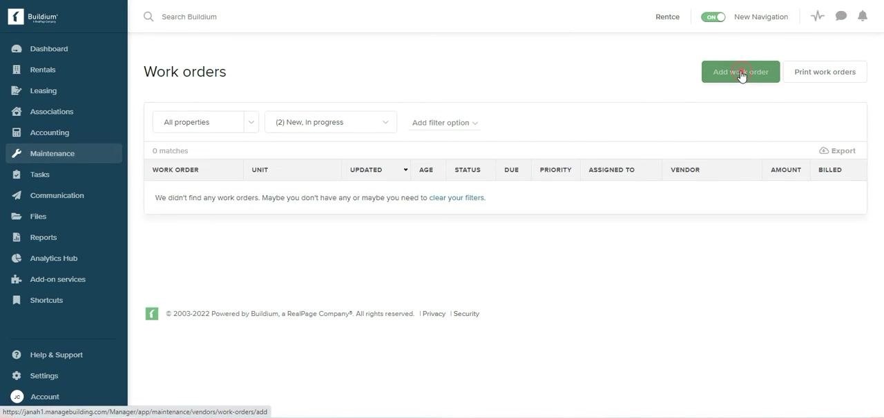Work orders screen with the cursor clicking the Add work order button. No work orders are currently listed.