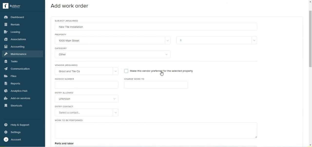 Add work order form filled with: Subject: New Tile Installation, Property: 1000 Main Street, Category: Other, Vendor: Grout and Tile Co. The preferred-vendor checkbox is visible.