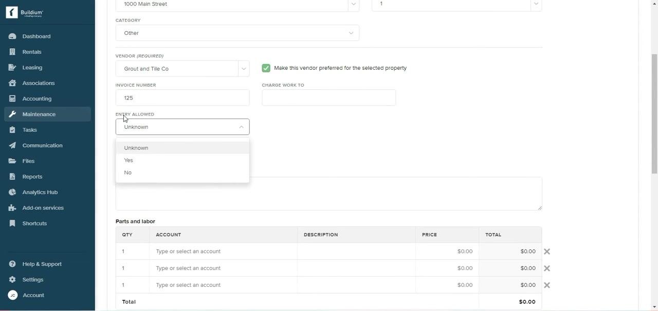 Entry Allowed dropdown expanded, showing options: Unknown, Yes, No. Other fields filled: Invoice Number 125, vendor preference checked.
