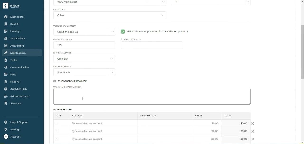 Entry Contact dropdown with Stan Smith selected, email displayed below. All other fields filled.