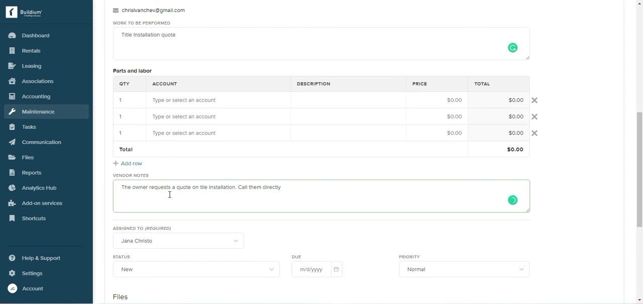 Vendor Notes field filled with "The owner requests a quote on tile installation. Call them directly." All other fields completed.