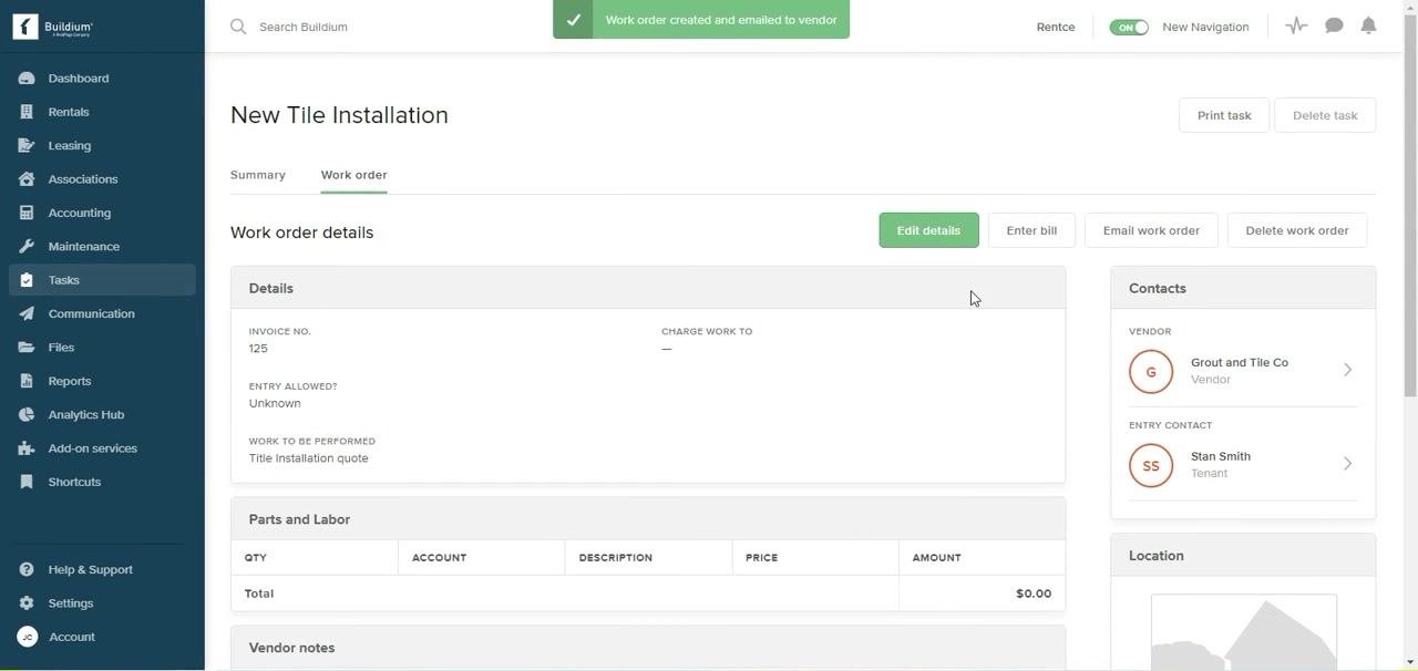 Both vendor and rental owner email options checked, ready to send.