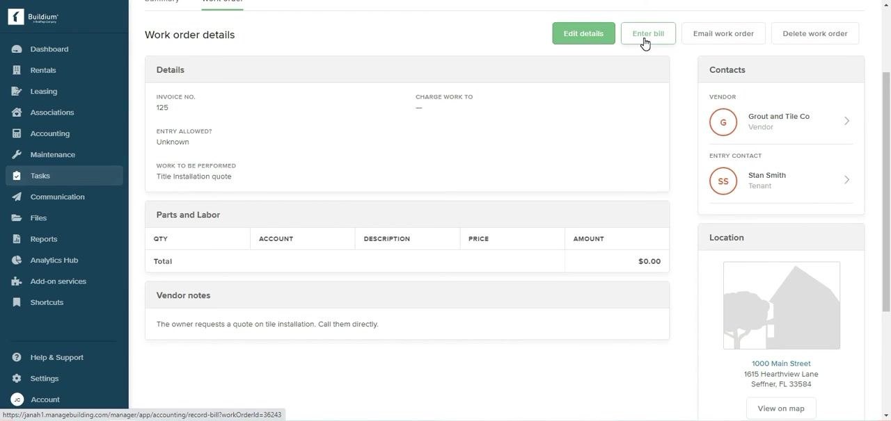 Work order details screen with the 'Enter bill' button highlighted, showing invoice, vendor, and property details