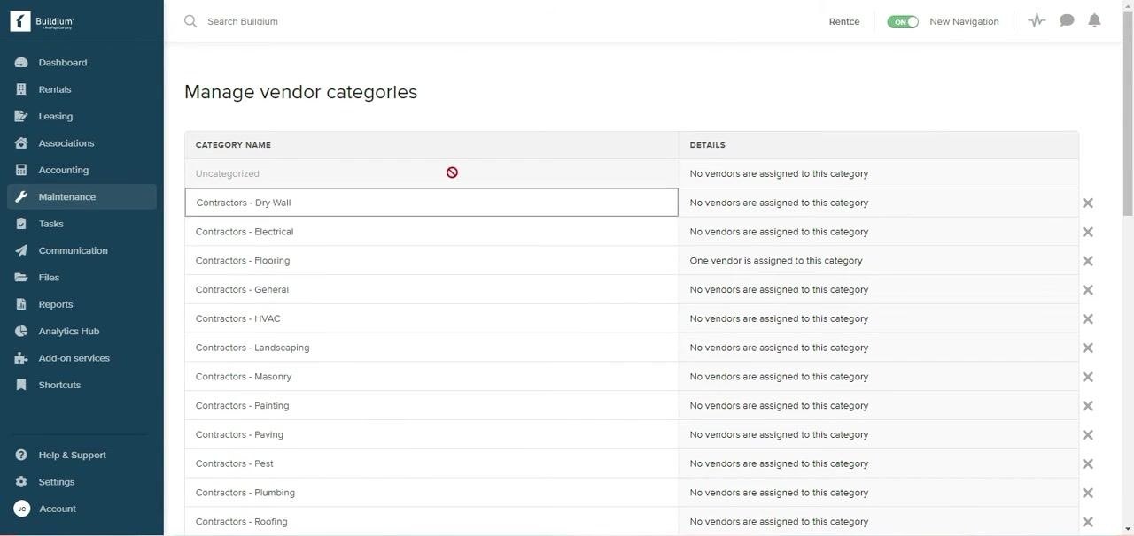 Mouse hovering over the Maintenance tab in the left navigation, showing dropdown options: Vendors, Work orders, Property inspections