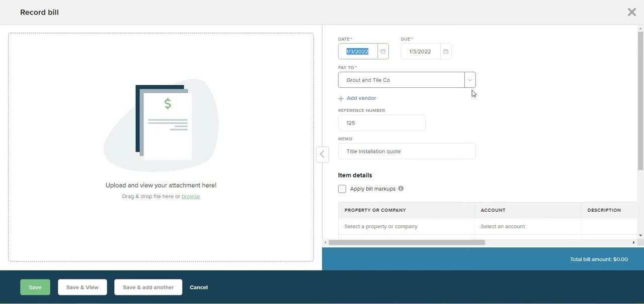 Record bill screen with fields for date, due date, pay to, reference number, memo, and attachment upload