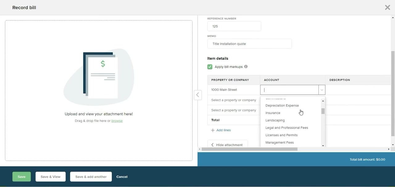 Account dropdown open with options like 'Depreciation Expense', 'Insurance', 'Repairs', and the description field filled