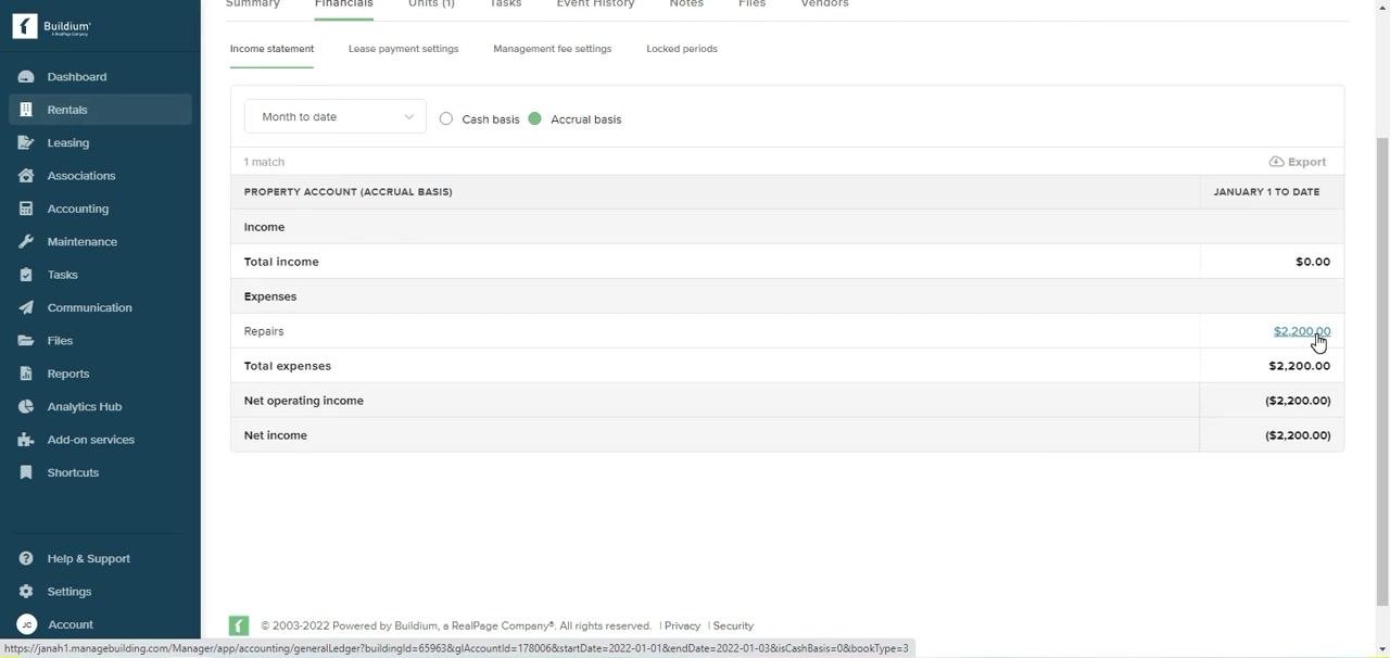 Financials tab showing the finalized expense and income statement for the property
