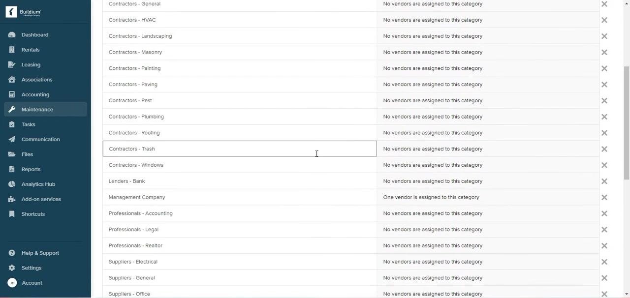 Manage vendor categories screen showing a list of categories such as Contractors – Dry Wall, Contractors – Electrical, and details about vendor assignments