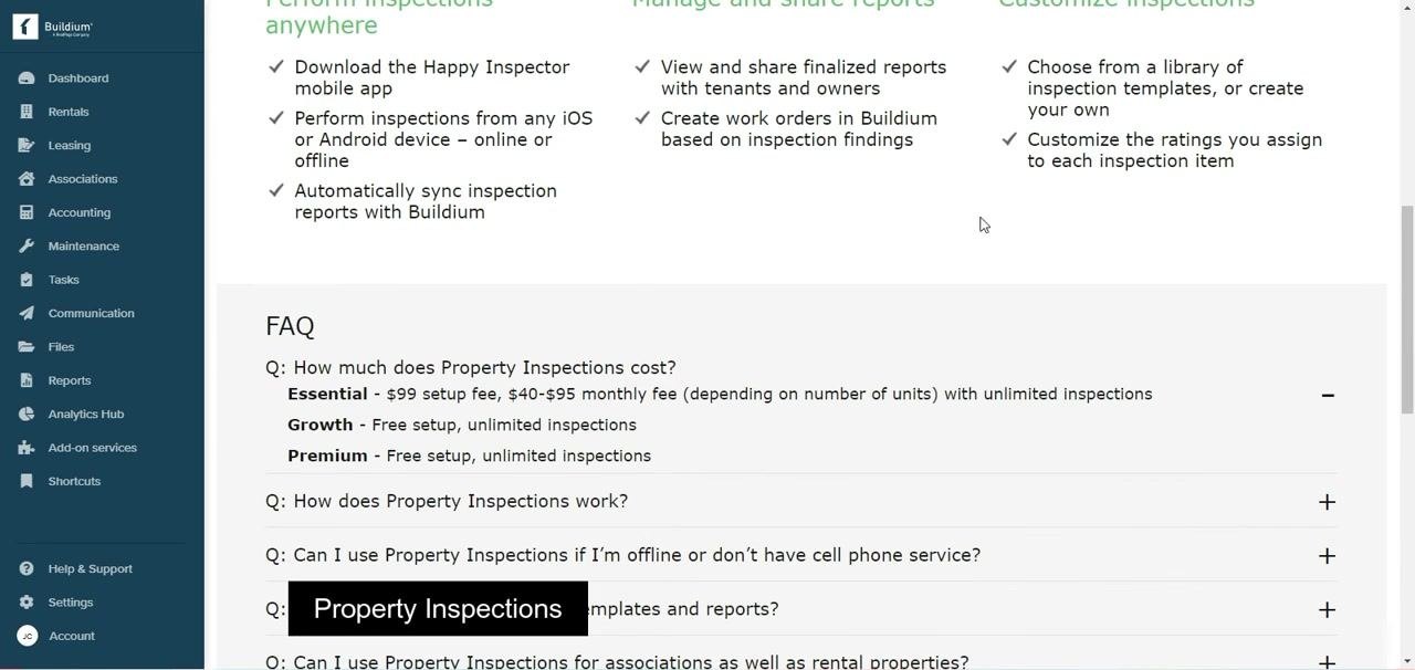 Dropdown menu under Maintenance with Property inspections highlighted, financials still visible