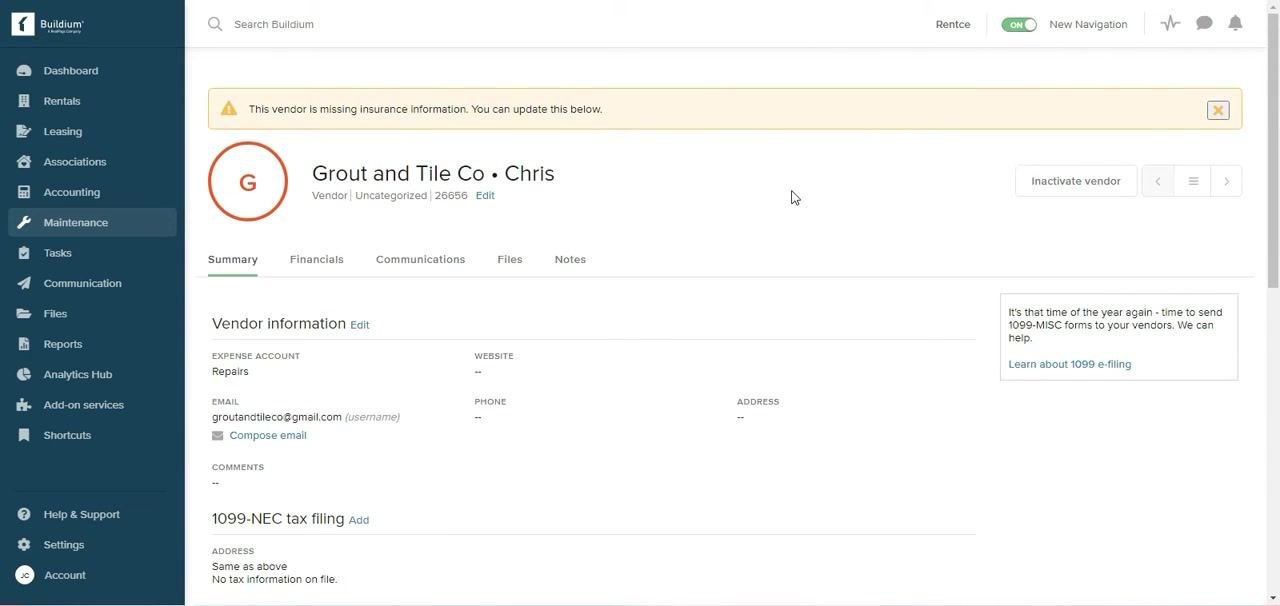 Vendor summary page for "Grout and Tile Co • Chris" showing a missing insurance warning, vendor information, tax filing, and insurance sections
