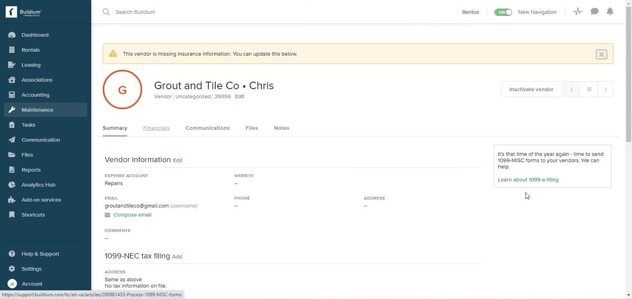 Vendor summary page for "Grout and Tile Co • Chris" with tabs for Summary, Financials, Communications, Files, and Notes. A warning for missing insurance information is visible.