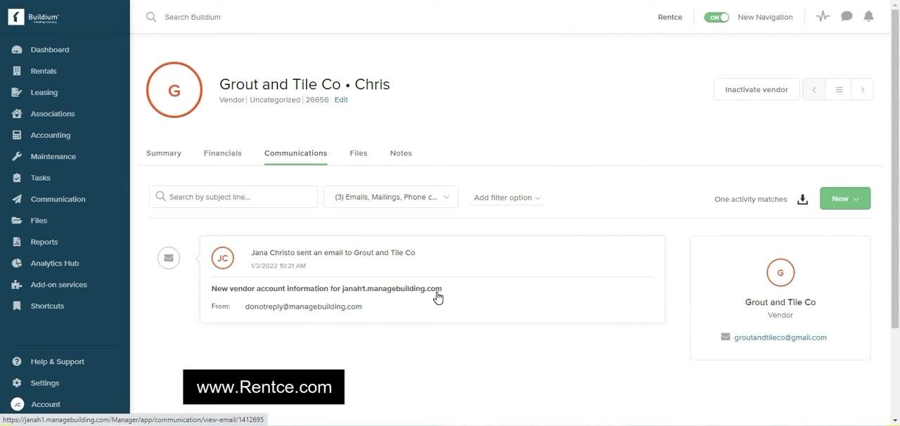 Communications tab showing an email log with sender, subject, and recipient details for Grout and Tile Co • Chris