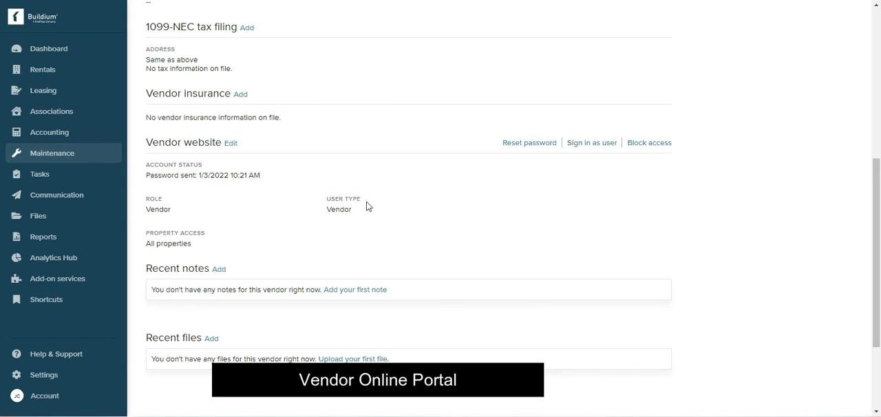 Vendor website section showing account status, role, user type, and options to reset password, sign in as user, and block access