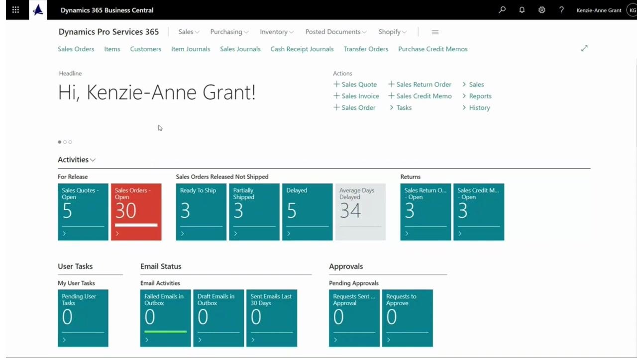 Dynamics 365 Business Central main dashboard showing a welcome message, navigation menus, and activity tiles