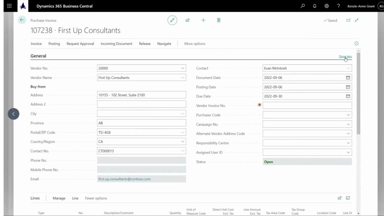 Purchase Invoice form showing invoice details, including vendor, contact, posting date, and line items