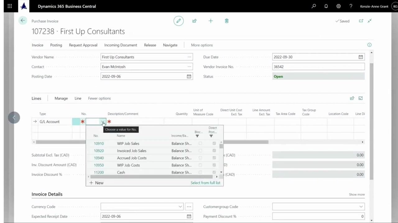 Lines section of the Purchase Invoice form with G/L Account selected and the account list open, ready to select Rent Expense
