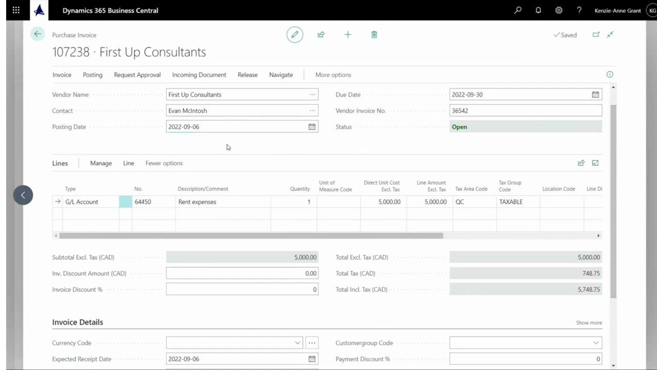 Purchase Invoice form with G/L Account 64450 selected, Quantity set to 1, Direct Unit Cost Excl. Tax set to 5,000.00, and Description set to Rent expenses