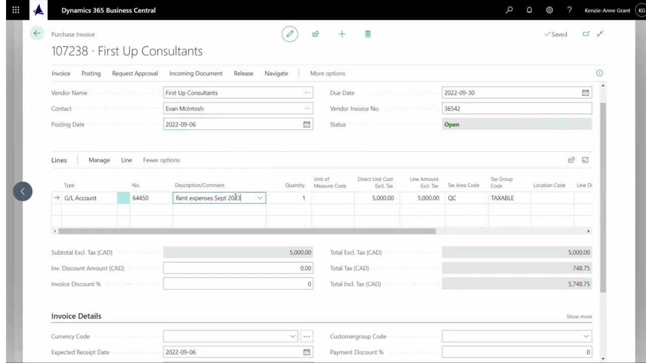 Purchase Invoice form with the Description/Comment field updated to "Rent expenses Sept 2023"