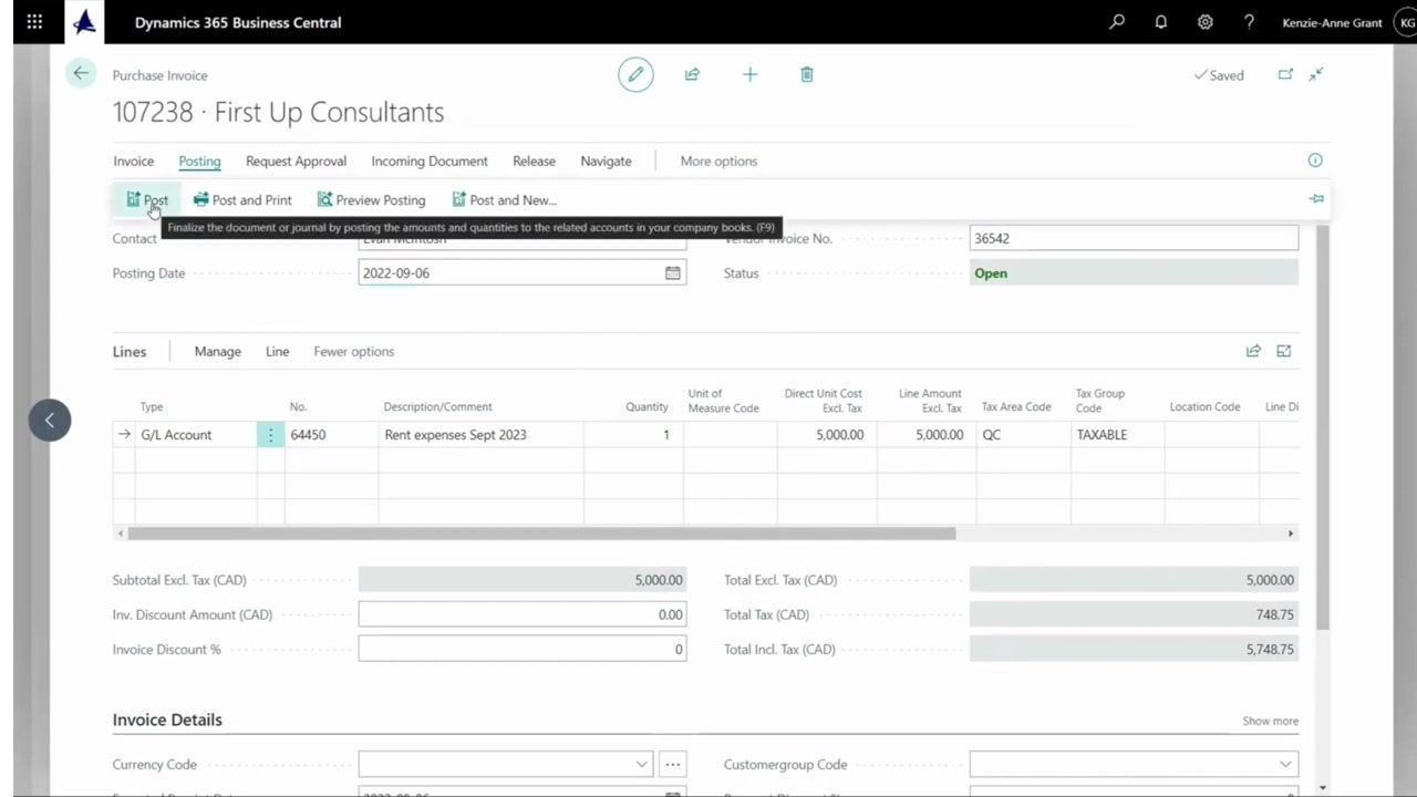 Cursor hovering over the Post button in the Posting tab, ready to finalize the invoice