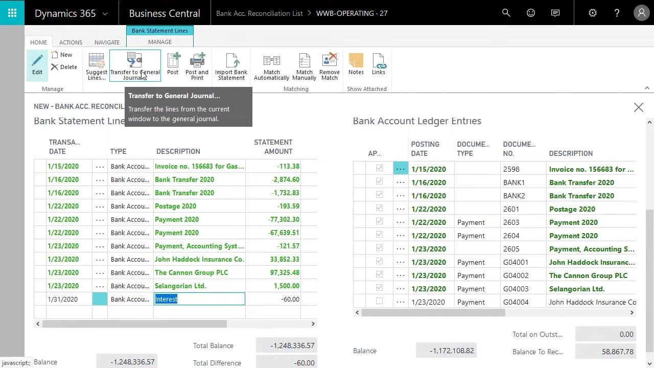 Selecting Transfer to General Journal in the ribbon to post the new statement line