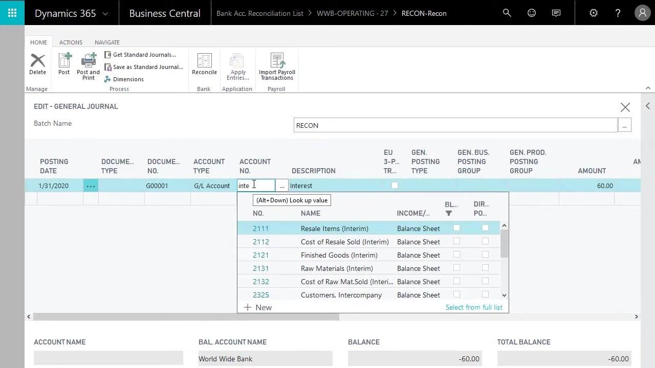 Selecting the interest account in the general journal, with the account lookup open and fields filled in