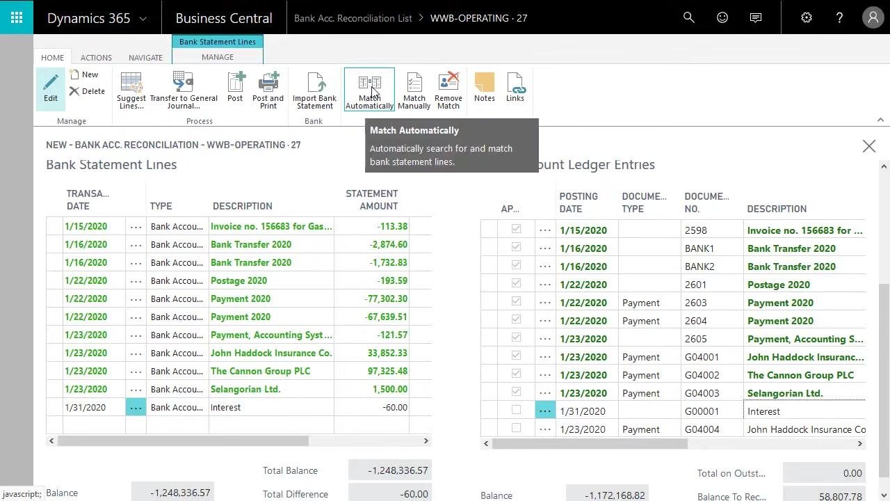 Bank reconciliation screen with the Match Automatically button highlighted, ready to match statement lines and ledger entries