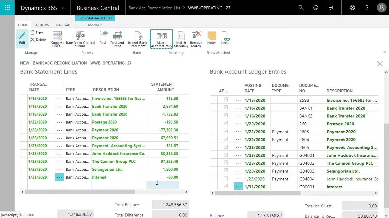Bank statement lines and ledger entries showing the Interest entry matched and total difference at 0.00